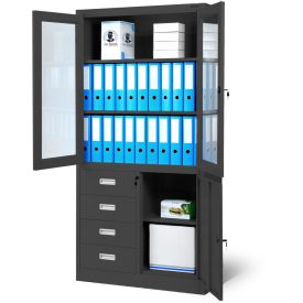   JAN NOWAK® - WIOLA fém iratszekrény vitrinnel és fiókokkal / FEKETE