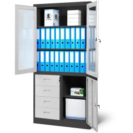   JAN NOWAK® - WIOLA fém iratszekrény vitrinnel és fiókokkal / FEHÉR - ANTRACIT