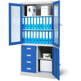   JAN NOWAK® - WIOLA fém iratszekrény vitrinnel és fiókokkal / KÉK