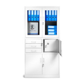   JAN NOWAK® - FILIP Fém iratszekrény vitrinnel és széffel / FEHÉR