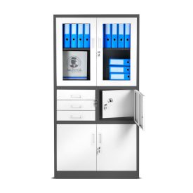   JAN NOWAK® - FILIP Fém iratszekrény vitrinnel és széffel / FEHÉR - ANTRACIT